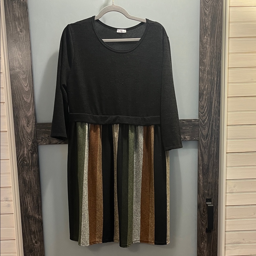 Chic Black Dress with Striped Skirt